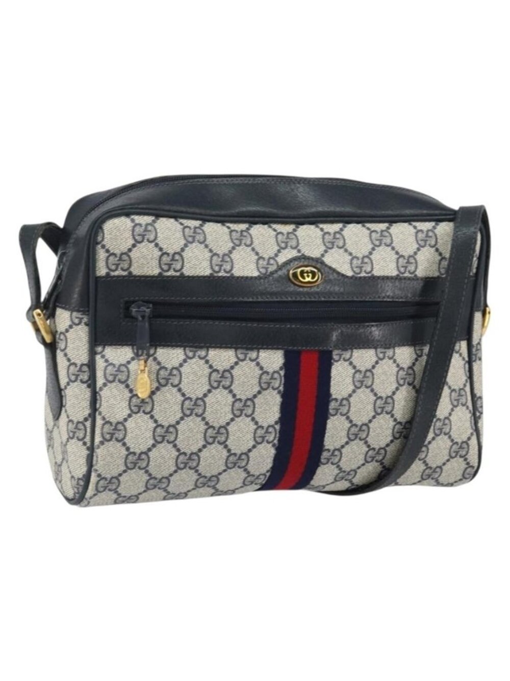 Authentic GUCCI GG Supreme Sherry Line Shoulder Bag PVC Navy Gold 22 02 005